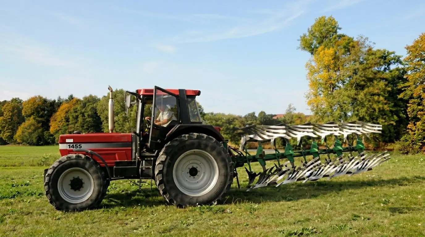 Traktor mit Pflug auf einem Feld bei Mörsach im Herbst