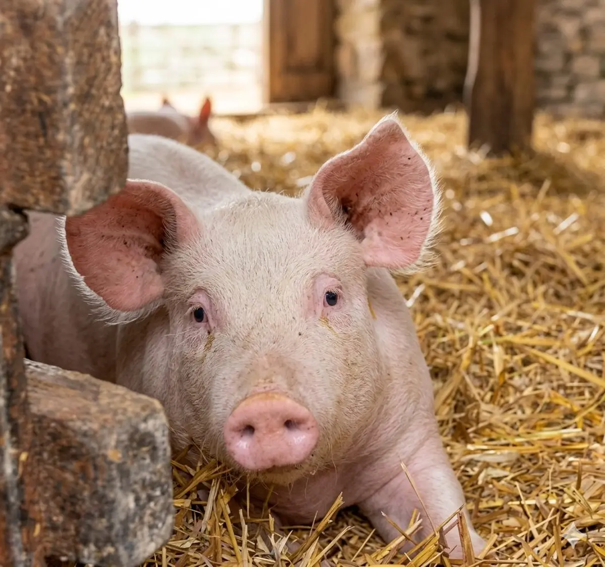 Schwein auf Stroh im offenen Stall des Bauernhofs Gößwein