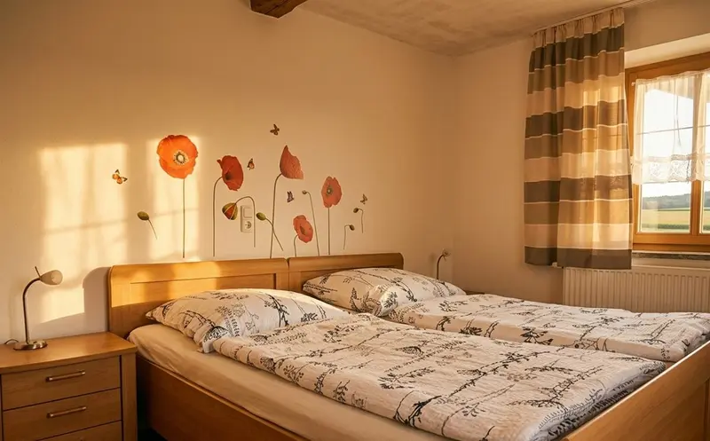 Helles Schlafzimmer in der Ferienwohnung mit gemachtem Bett
